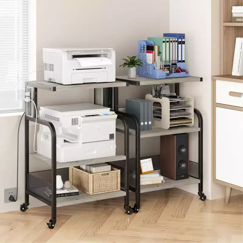 Printer Stand, 3-Tier Rolling Printer Cart with USB Ports & Power Outlets - Heavy Duty Storage Table (Home/Office, Gray)