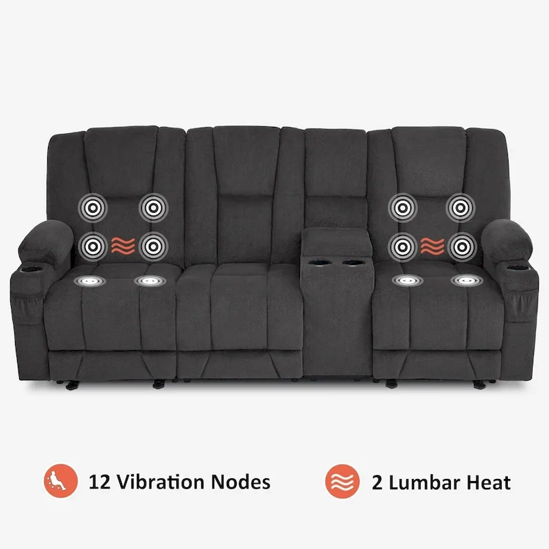 Electric Power Reclining Sofa with Massage and Lumbar Heat, Fabric