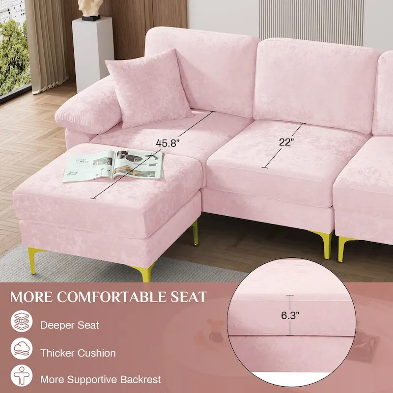 Upholstered Velvet Sectional Sofa with Pillows & Ottoman