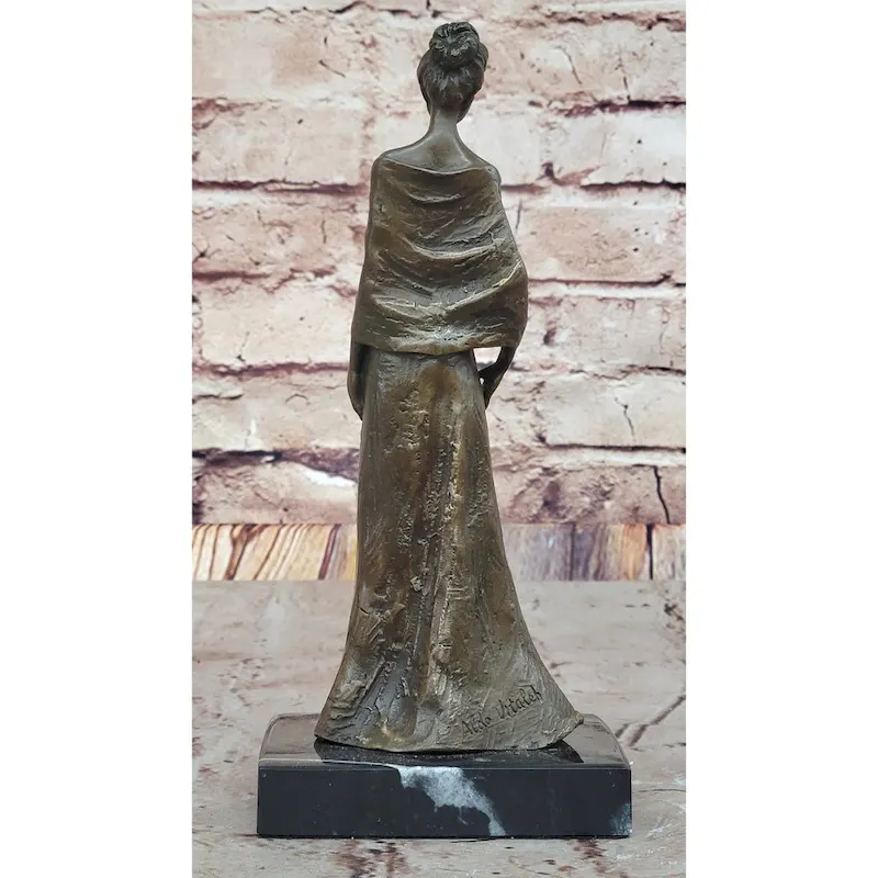 Elegant Bronze Lady Sculpture  Clic Figurine In Flowing Gown On Marble Base