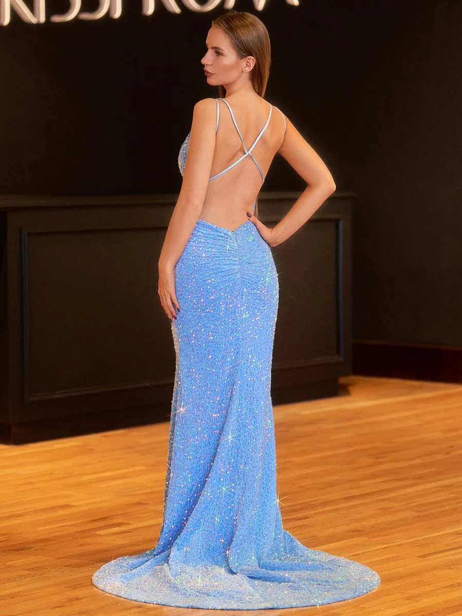 Sparkly Blue Mermaid Sequins Long Backless Prom Dress