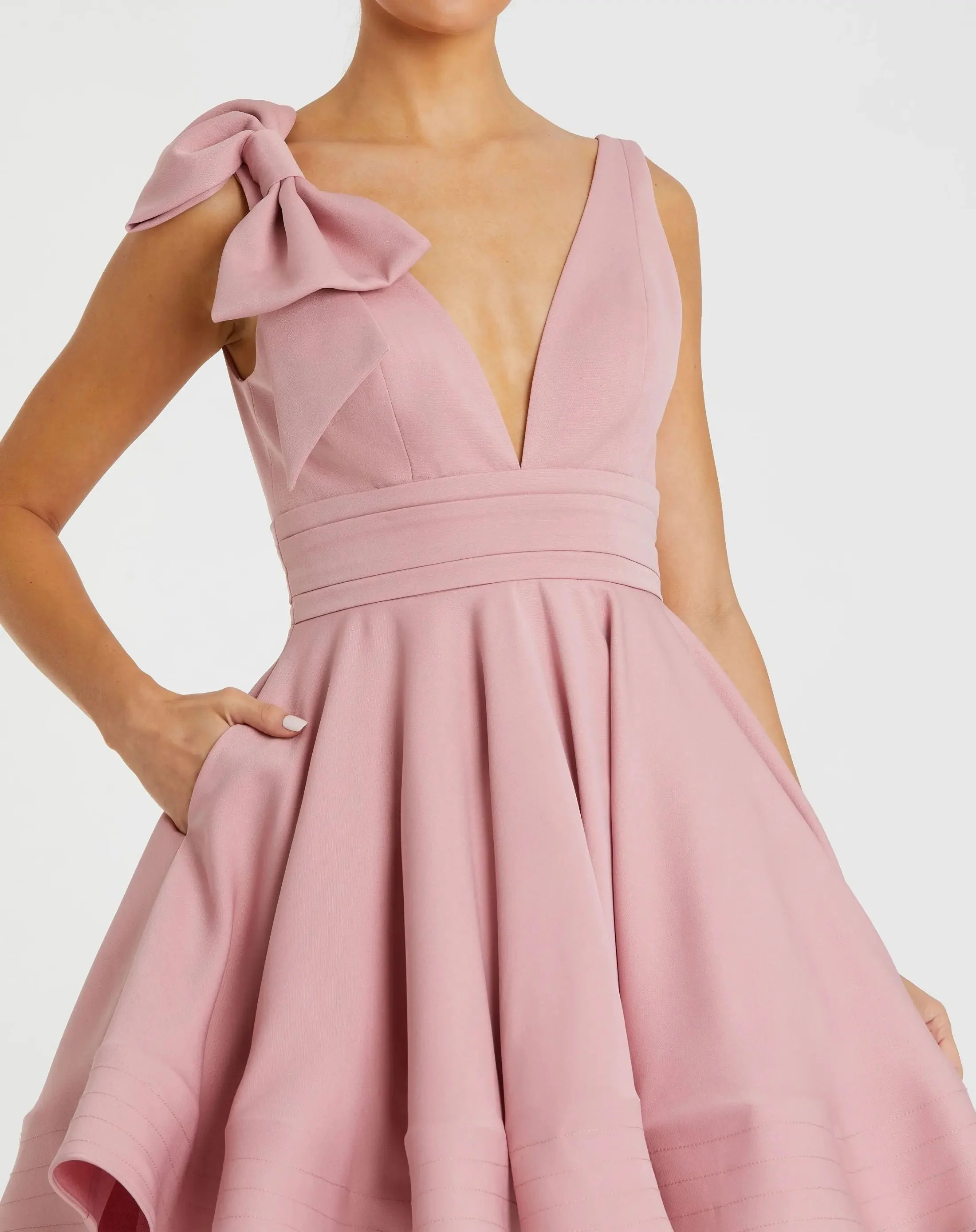 Pink Crepe Sleeveless V Neck Mini Dress With Bow