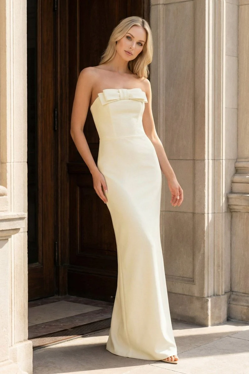 Yellow Strapless Sheath Satin Long Formal Prom Dresses With Bow
