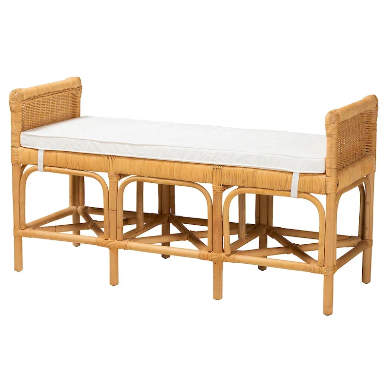 Modern Bohemian Natural Brown Rattan Bench – Handcrafted Boho Entryway Seat