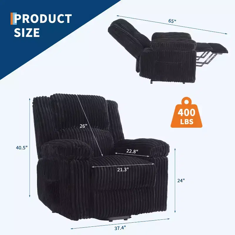 Corduroy Recliner Chair, Manual Adjustable Recliner Sofa with Handle, Pillow Top Arms, Thick Padding, Side Pocket, 400Lbs Capacity