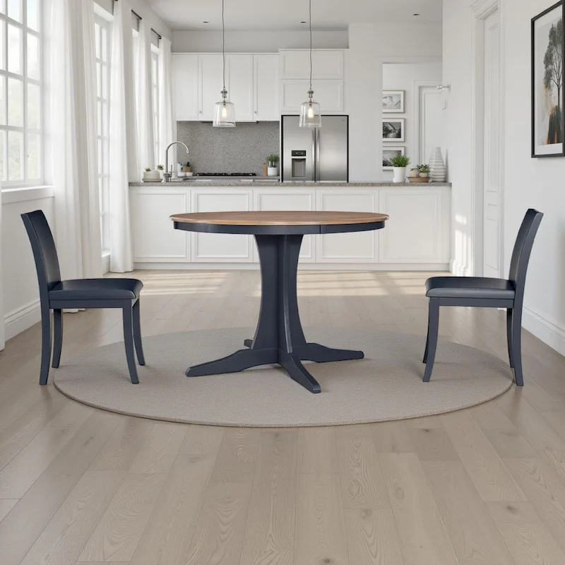 Doti Dining Table, 42 Inch Round Brown Top, Dark Blue Pedestal Base