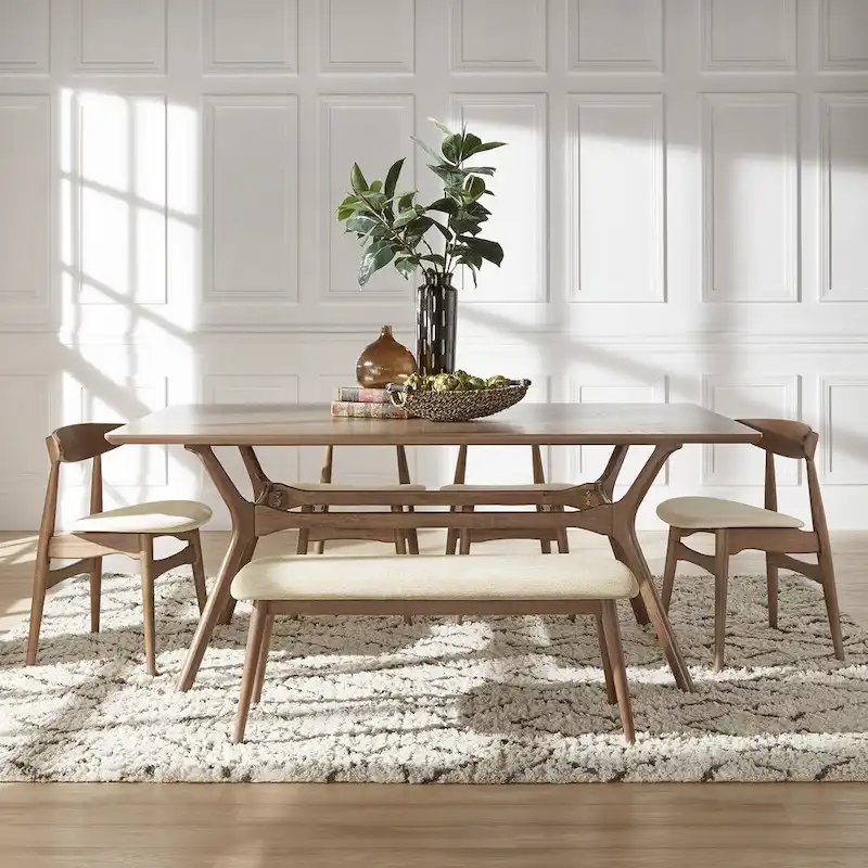 Dark Walnut Finish Rectangular Dining Set - Curved Back Chairs by