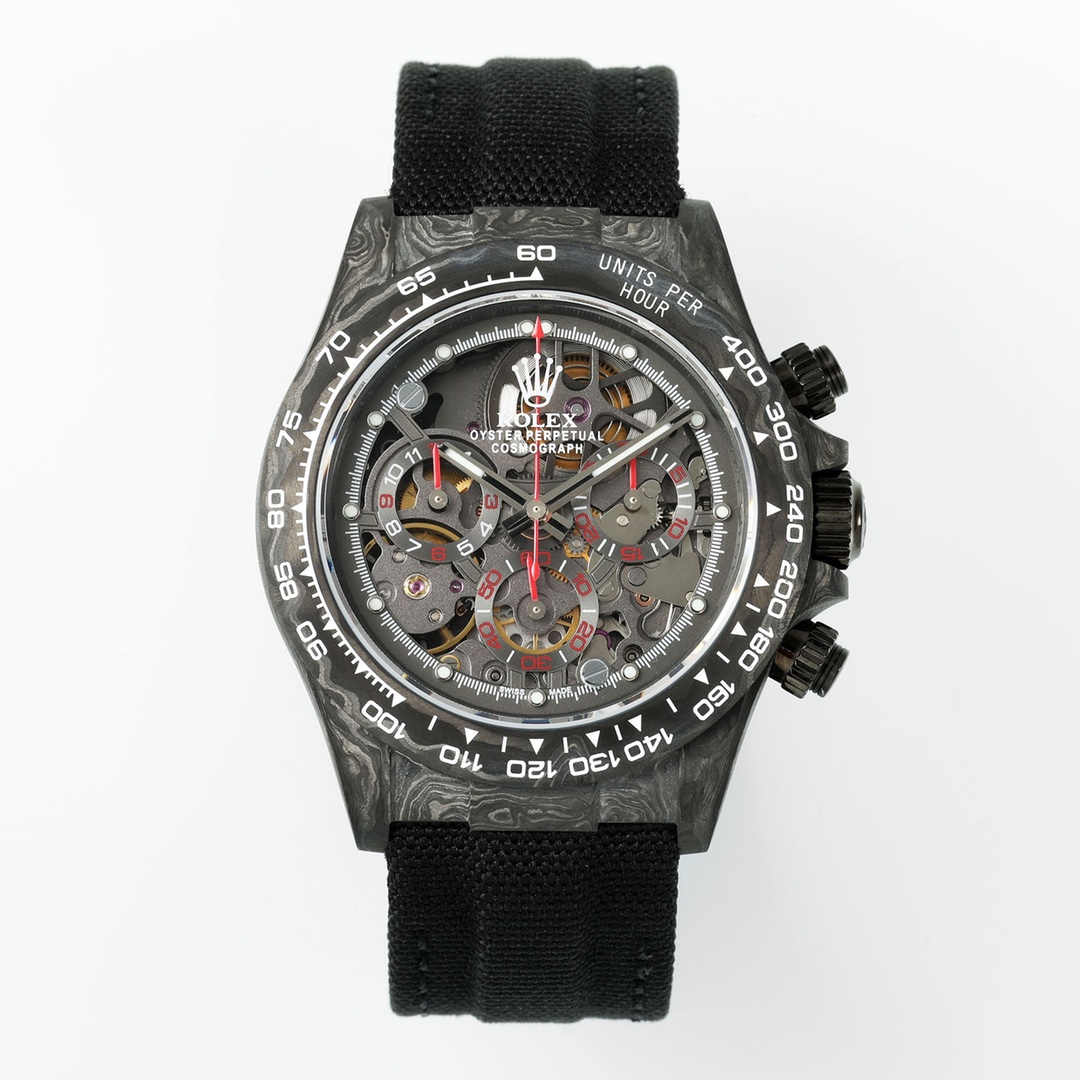 High-end replica Rolex Oyster Perpetual Cosmograph Daytona with skeletonized dial, red chronograph hands, and textured Damascus steel case on white background
