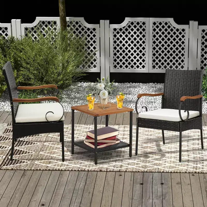 Costway Patio PE Wicker Chairs Acacia Wood Armrests with Soft Zippered Cushion Garden