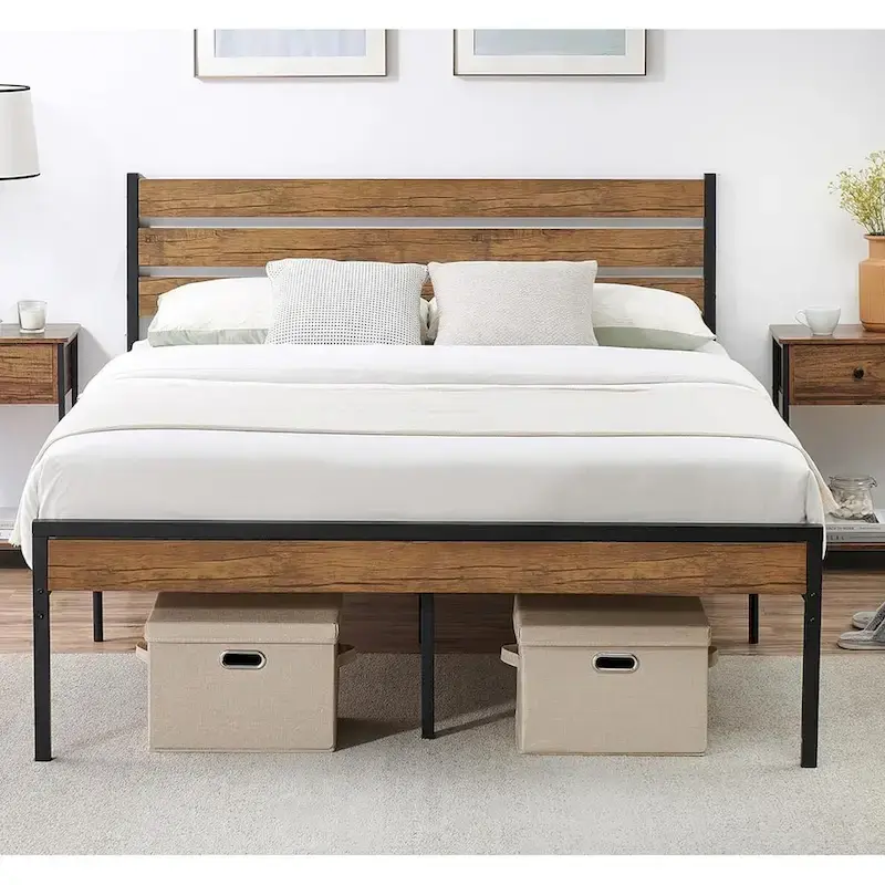 Bed Frame with Wood Headboard, Noise-Free