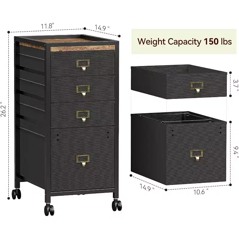 Acekool Mobile Filing Cabinet, Black Under Desk File Cabinet with Lockable Wheels, Metal Office Storage Organizer for Home Office, Workplace