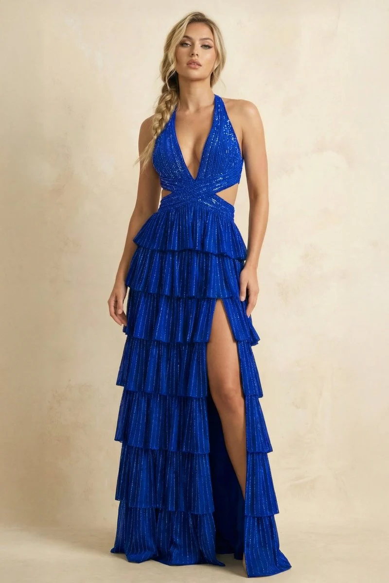 Royal Blue - A-Line V Neck Satin Beaded Long Prom Dresses With Ruffles