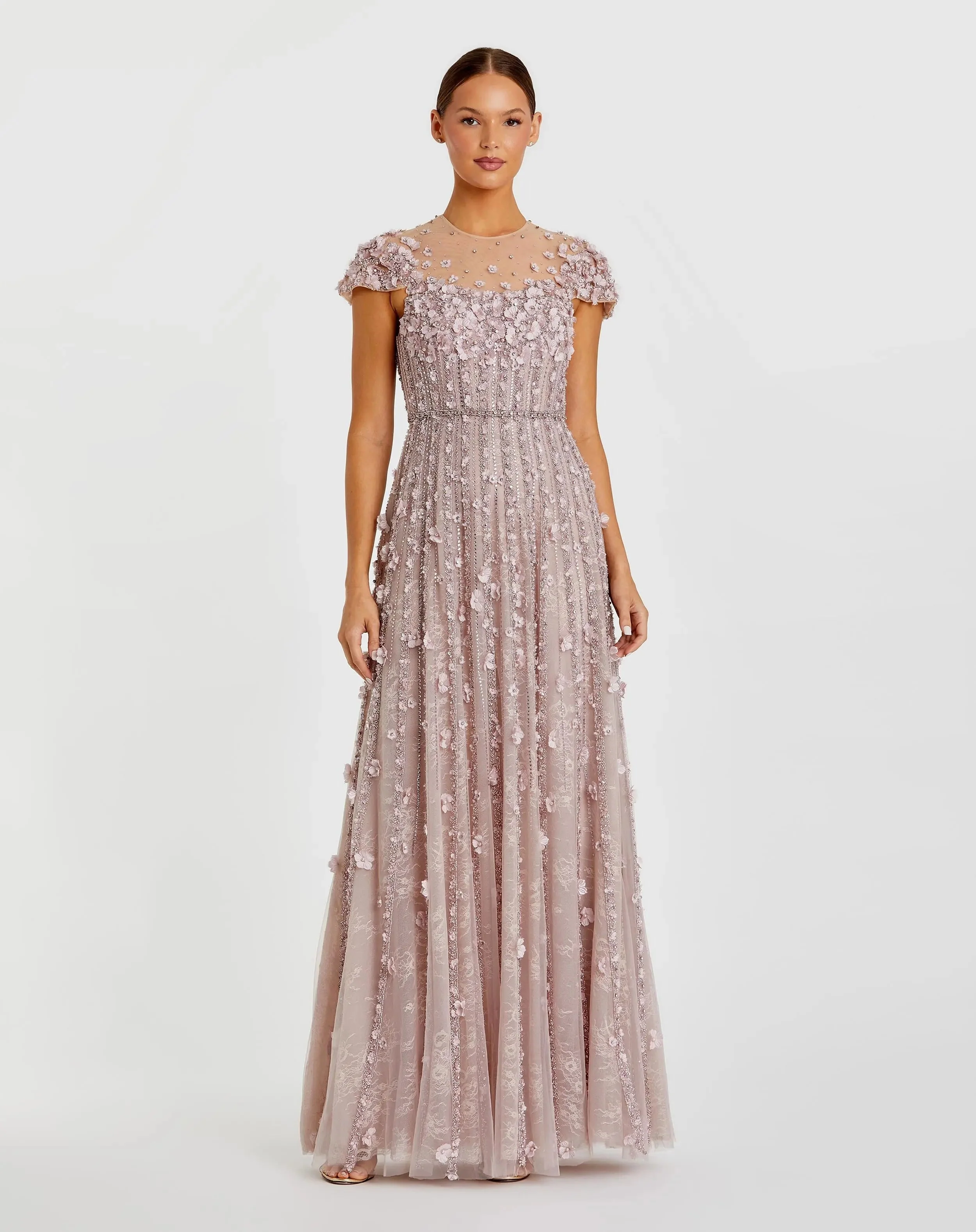 Pink Embellished Lace Illusion Neck A-Line Gown