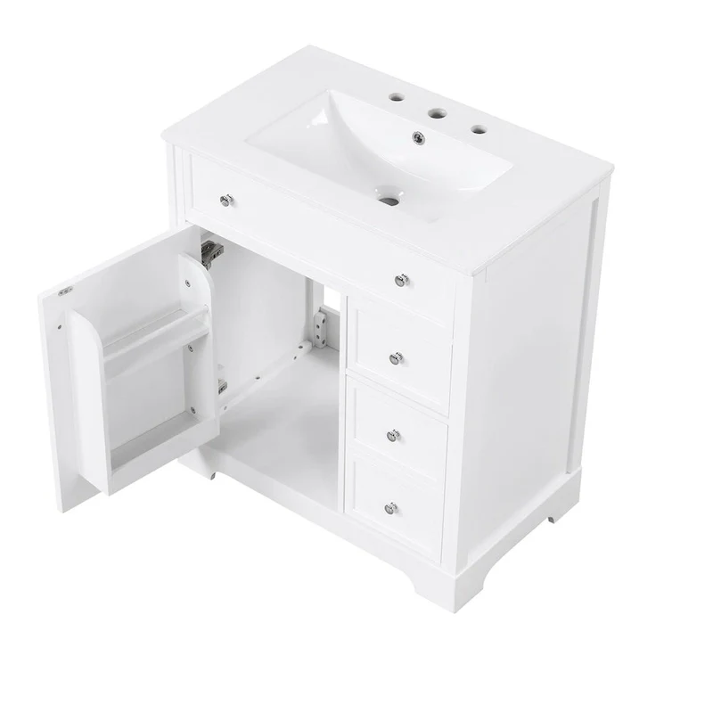 White Bathroom Vanity Cabinet with Ceramic Sink, 1 Door & 2 Drawers