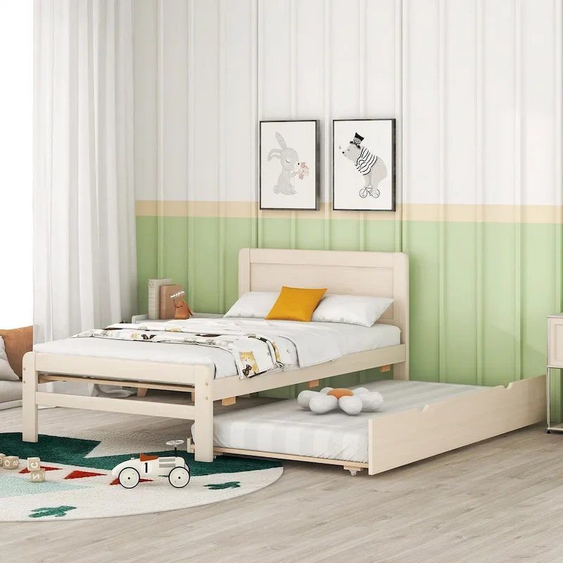 Twin Platform Bed with Trundle – Grey / Walnut / White Washed, Sleeps 1–2