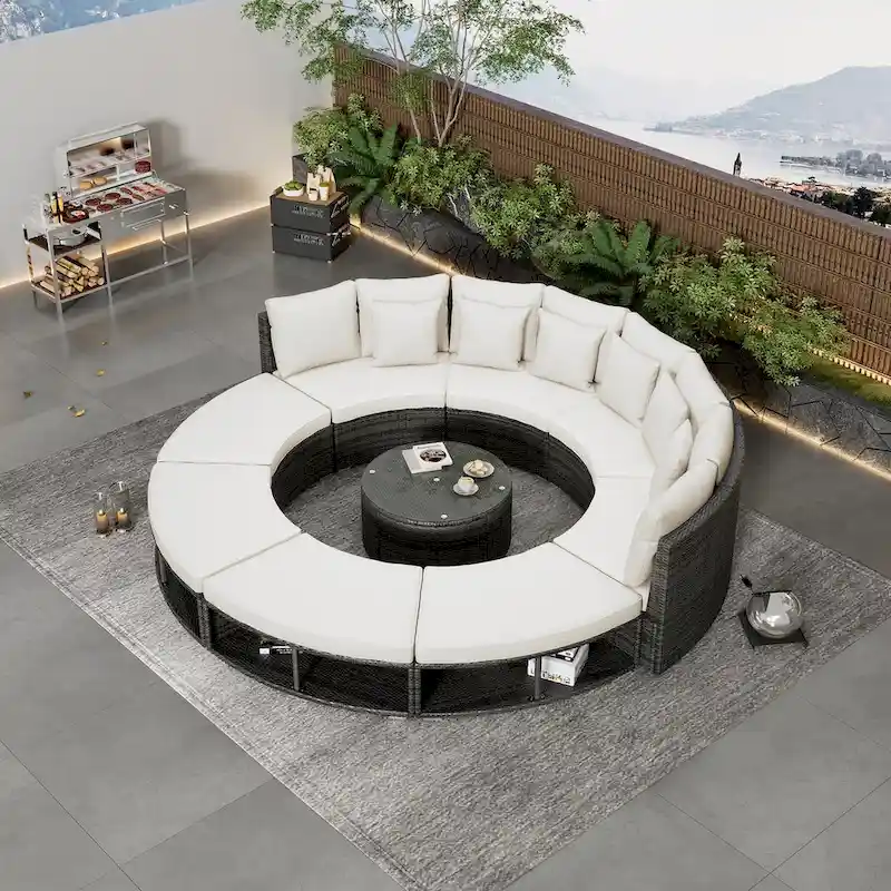 Ouyessir Freely Combined Patio 5-Piece Round Rattan Sectional Sofa Set
