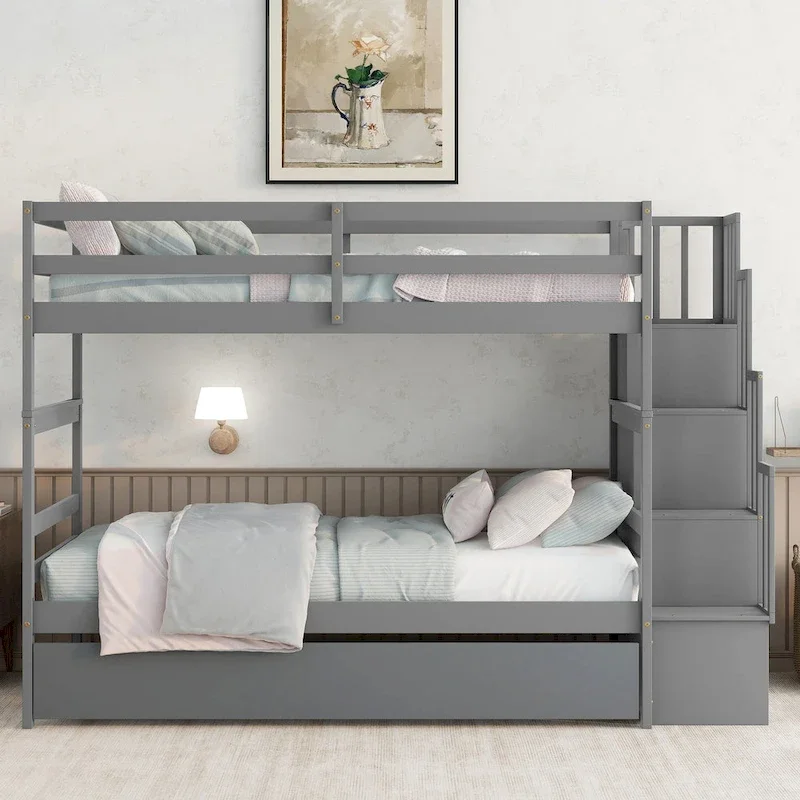 Twin over Twin Bunk Beds With Twin Trundle and Stairway Storage Function in Grey Color