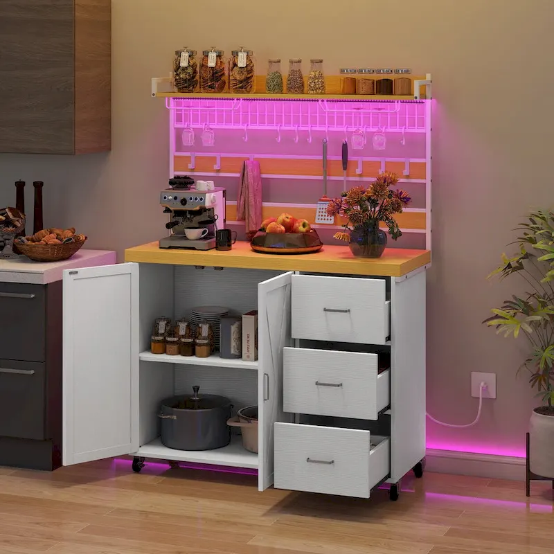 Large Rolling Kitchen Island With Power Outlet & LED Light, Storage Cabinet With Tall Shelf