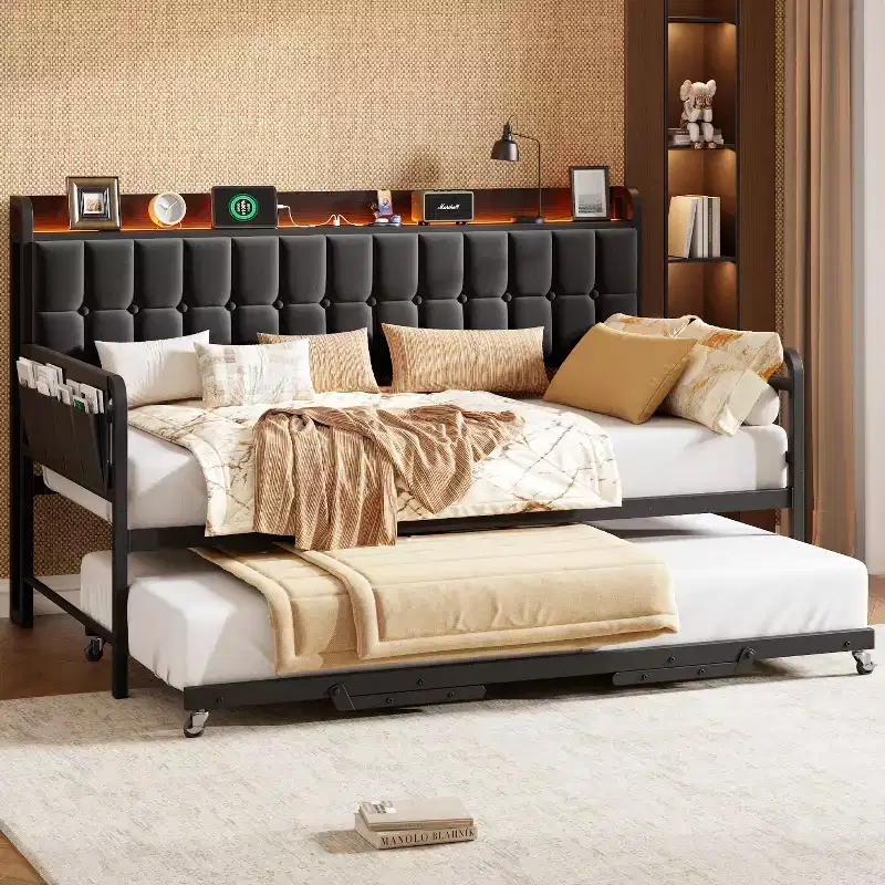 Corner Bed with Charging Station and LED Lights, Twin Bed Frame with 2 Storage Drawers and Storage Bookcase,White/Black