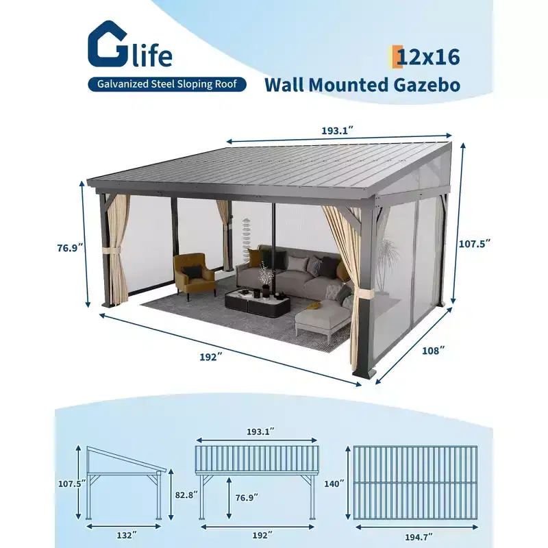 12'x16' Hardtop Wall-Mounted Gazebo, Aluminum Frame, Galvanized Steel Roof, Gutters, Mosquito Netting & Privacy Curtains for Patio