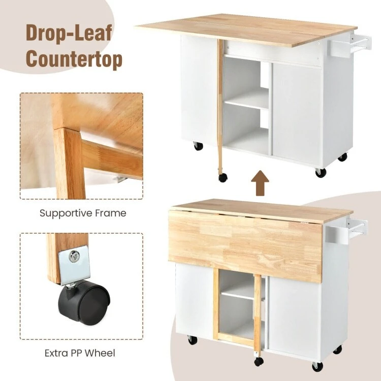 Drop-Leaf Kitchen Island with Rubber Wood Top - 49 x 30 x 36(L x W x H)
