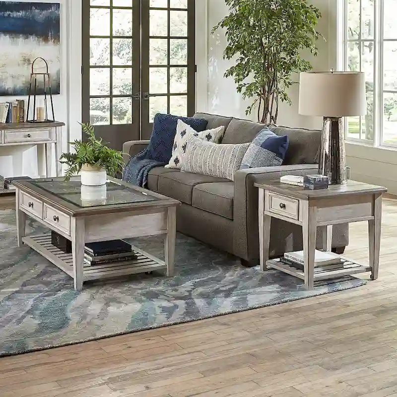 Heartland Antique White Living Room Table Set 3 Piece with Coffee Table, Side Tables