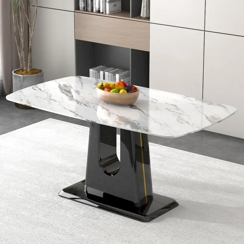 White & Black Marble-Top Dining Table, Seats 6–8