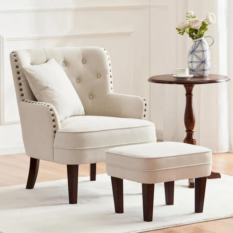 Club Chair Upholstered Button Tufted Accent Chair with Ottoman and Pillow