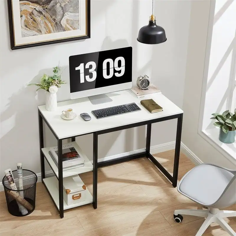 White / Black Marble / Oak / Brown / White Marble 2-Tier Computer Desk with Shelves – Modern Style, Home Office Use