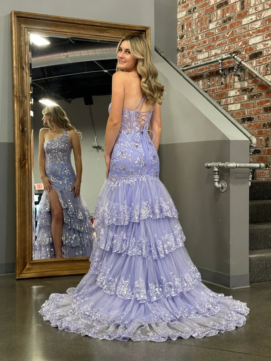 Sheath One Shoulder Tiered Lace Long Prom Dress