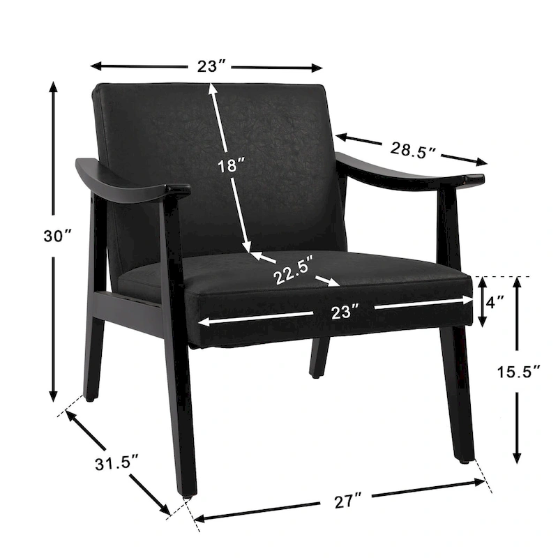 Faux Leather Accent Chair Solid Wood Armchair in Black Finish