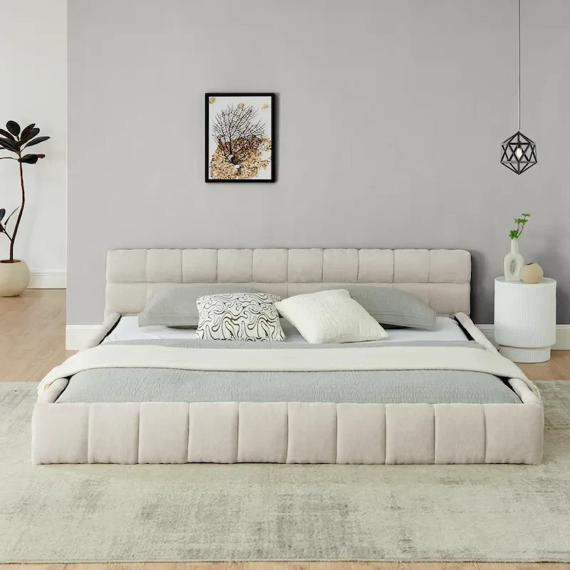 King Size Upholstered Bed Frame with Chenille Fabric, Sturdy Platform Bed Featuring Headboard and Solid Wood Frame