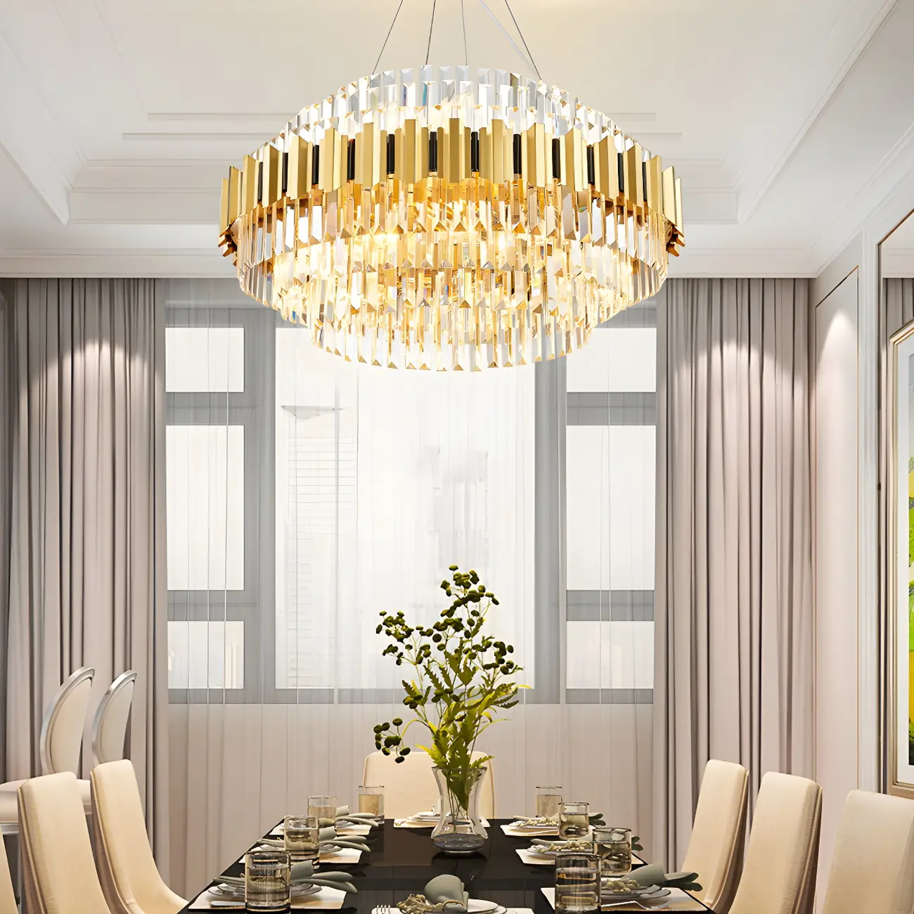 Modern Living Room Gold Crystal Clear Pendant Layered Chandelier