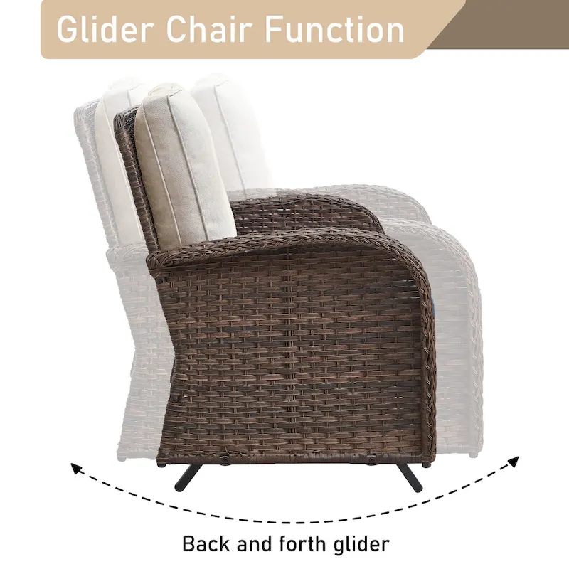 Patio Glider Rocking Sofa with Swivel Chair and Ottoman - Brown