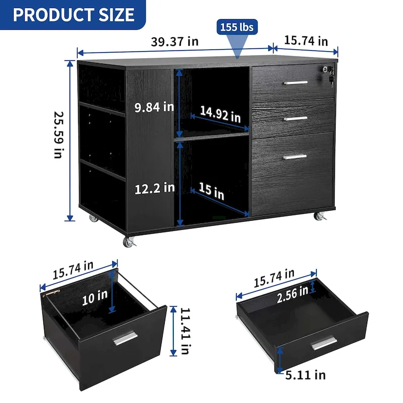 Brown Mobile Wood Lateral File Cabinet with Charging Station & Lock