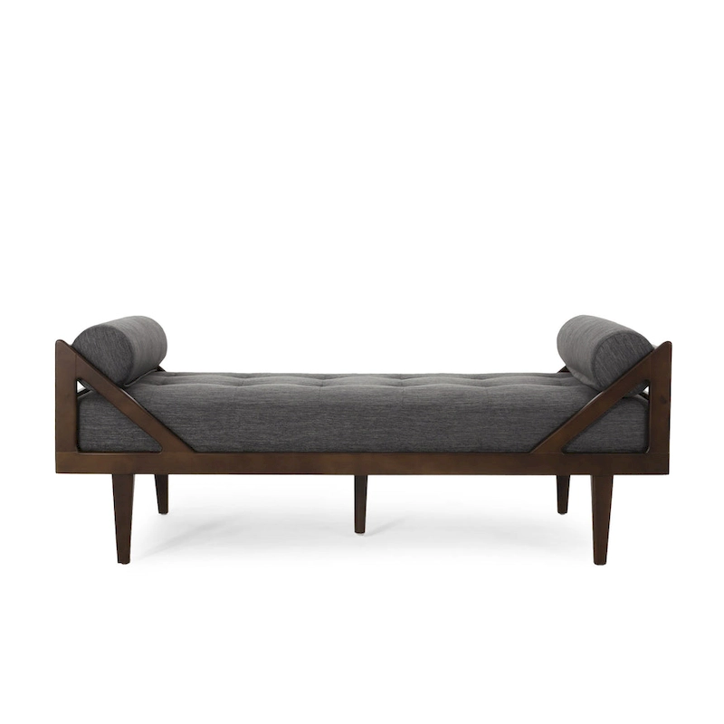 Charcoal Modern 65 Button Tufted Chaise Lounge Chair with Bent Wood Desing and Rolled Accent Pillows