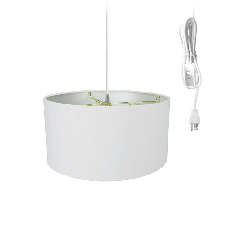 1 Light Swag Plug-In Pendant 16 w White Linen Drum Shade, 17' White Cord