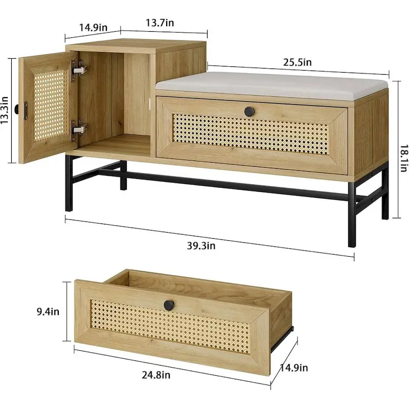Rattan Shoe Entryway Bench with Linen Seat Cushion