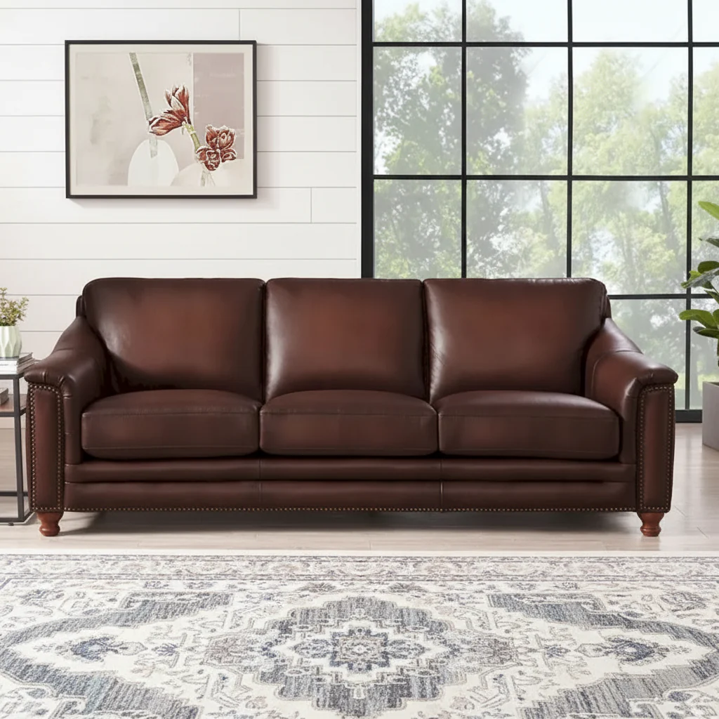 Top Grain Leather Sofa with Feather, Memory Foam and Springs