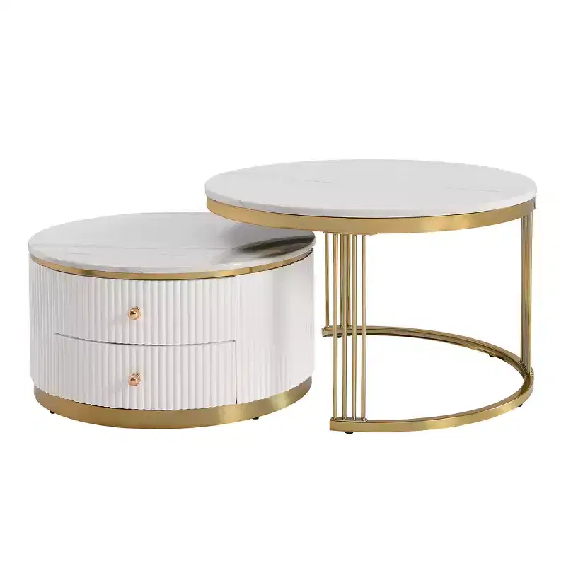 Zeus & Ruta 27.6'' White Modern White Round Nesting Coffee Tables - Built-in Drawers