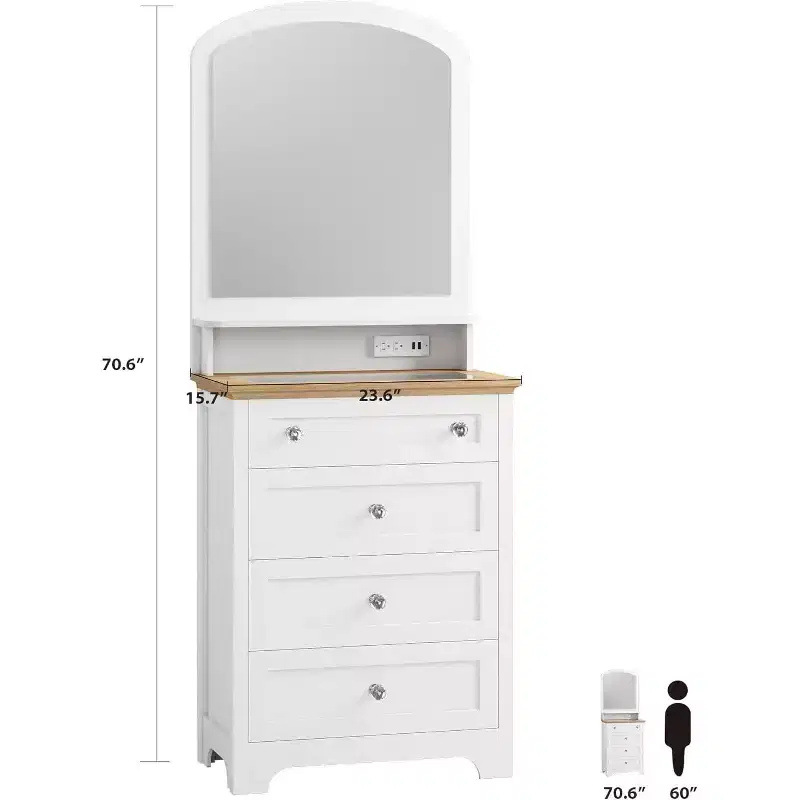 White Drawer Dresser with Mirror - Charge Station and LED Strip, 4 Drawer Cabinet with Cristal Knobs, Modern Makeup Vanity Table for Bedroom