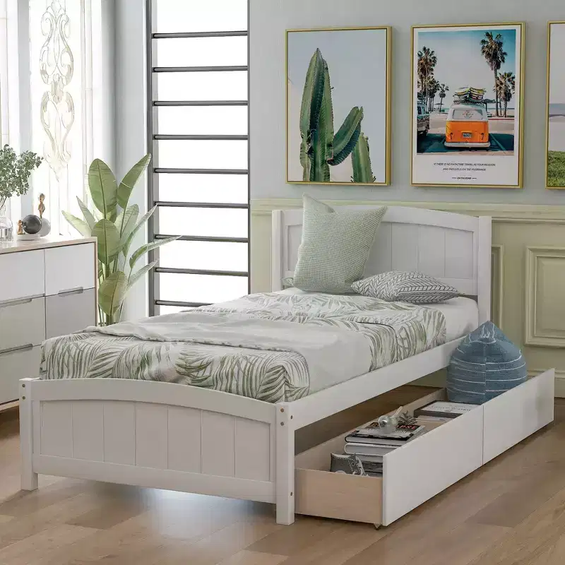 Twin size white platform bed with two drawers modern design extra storage space