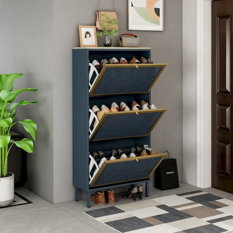 Gray/Black Freestanding Shoe Cabinet with 3 Honeycomb Rattan-Effect Metal Doors & Adjustable Shelf