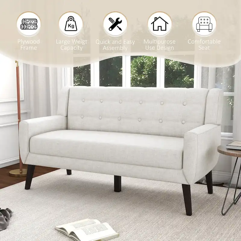 Modern Curved 63  Button Tufted Upholstered Loveseat with 2 Pillows