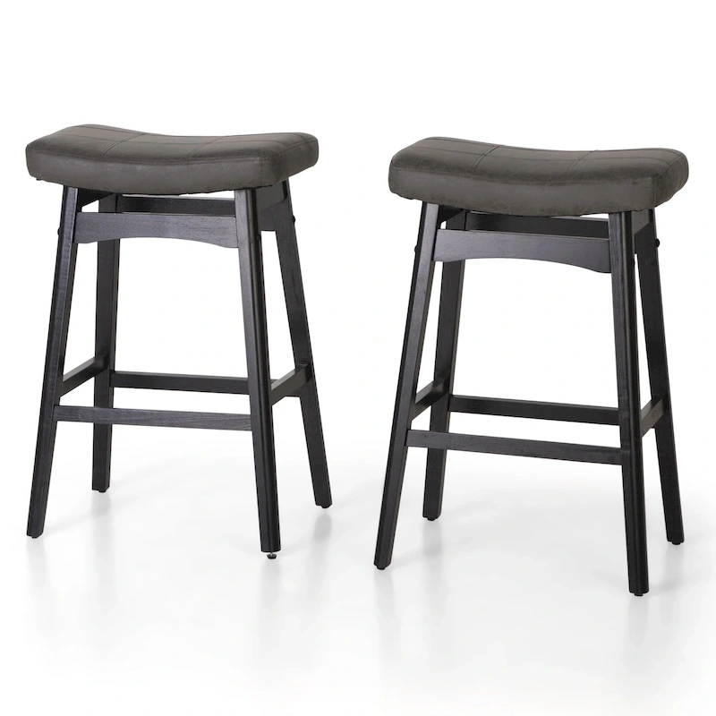 24 Inch Solid Wood Barstools with Linen / PU Leather Fabric Cushion, Set of 2
