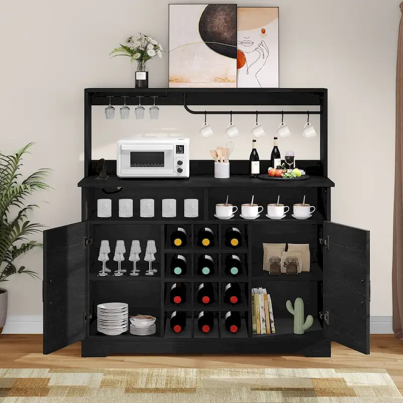 Bar Cabinet with Wine Rack and Power Outlets - 12-Bottle Storage (Black & Grey/White & Wood)