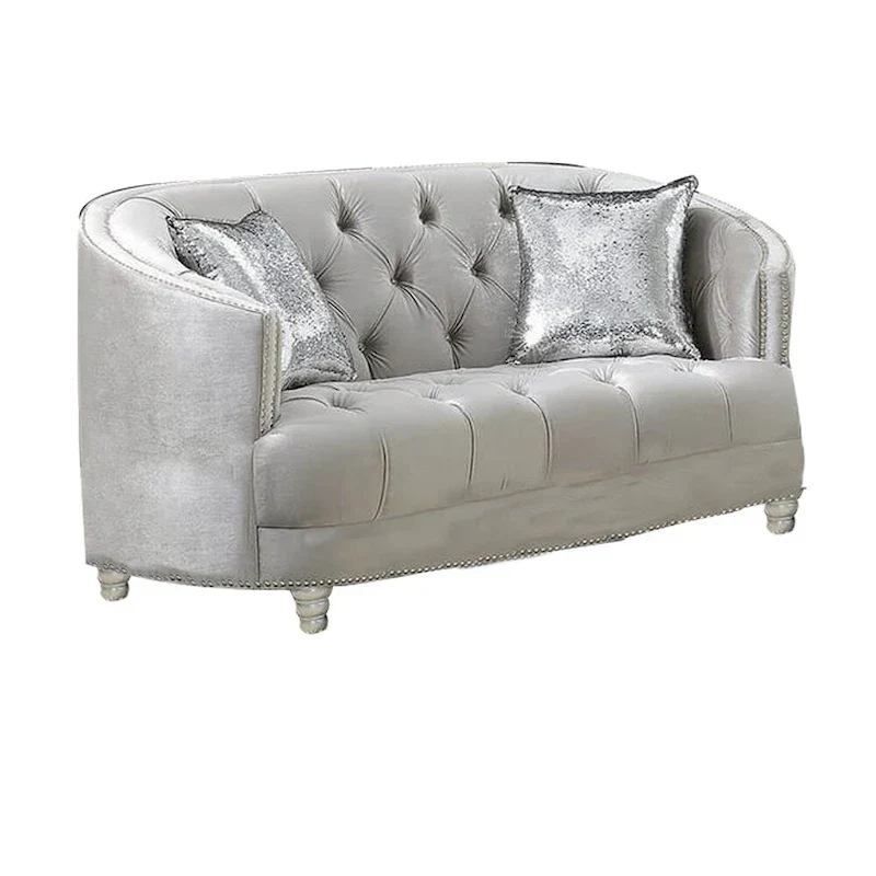 Wooden Loveseat with Deep Button Tufted Details and Nailhead Trims, Gray