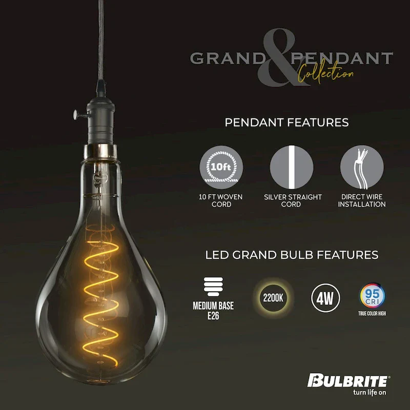 Bulbrite LED Grand Bulb and Pendant Kit of (1) 4 Watt Clear Glass 13  Pear Shaped Bulb