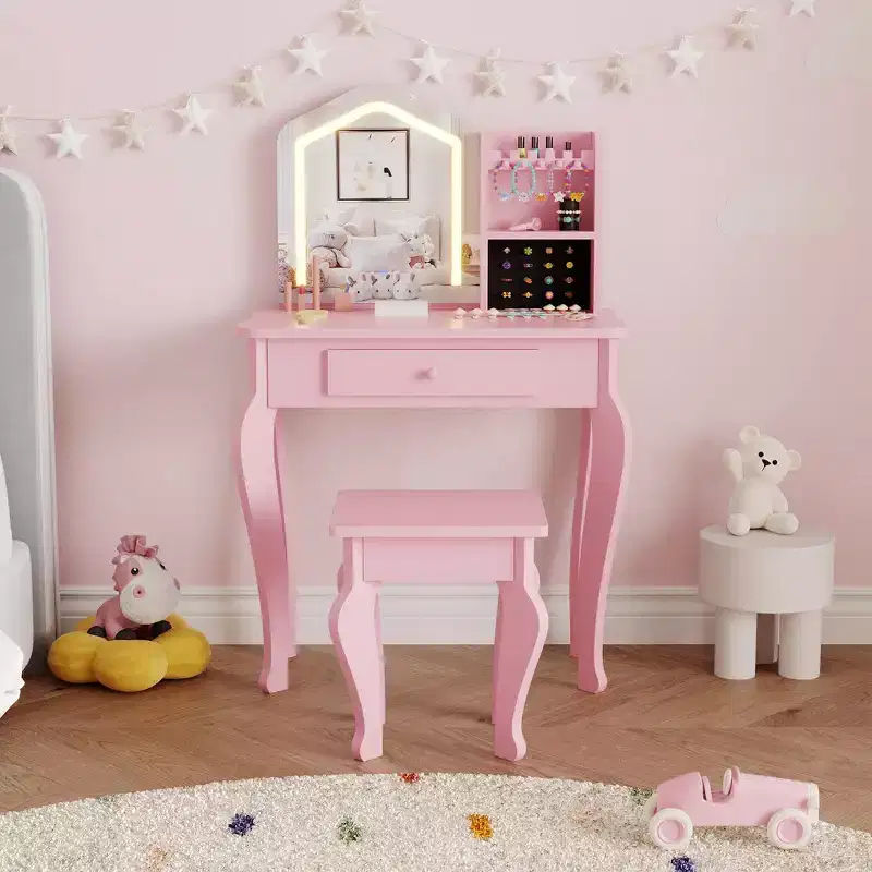 Kids Vanity with Lighted Mirror, Little Girl Vanity and Stool, Toddler Makeup Table Set and Makeup Playset for 3-8 Girls