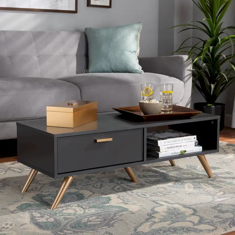 Kelson Modern Dark Grey and Gold Finished Wood Coffee Table